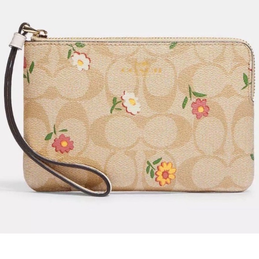 Coach Corner Zip Wristlet with Ditsy Print Signature Coated Canvas